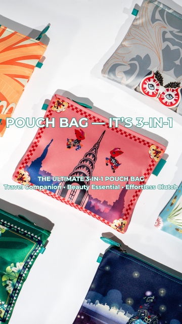 Multicolored pouch bags with various designs on a white background