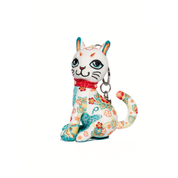 Colorful cat-shaped keychain with floral patterns on a white background