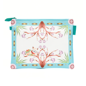 Decorative pouch with floral and tree design on a white background