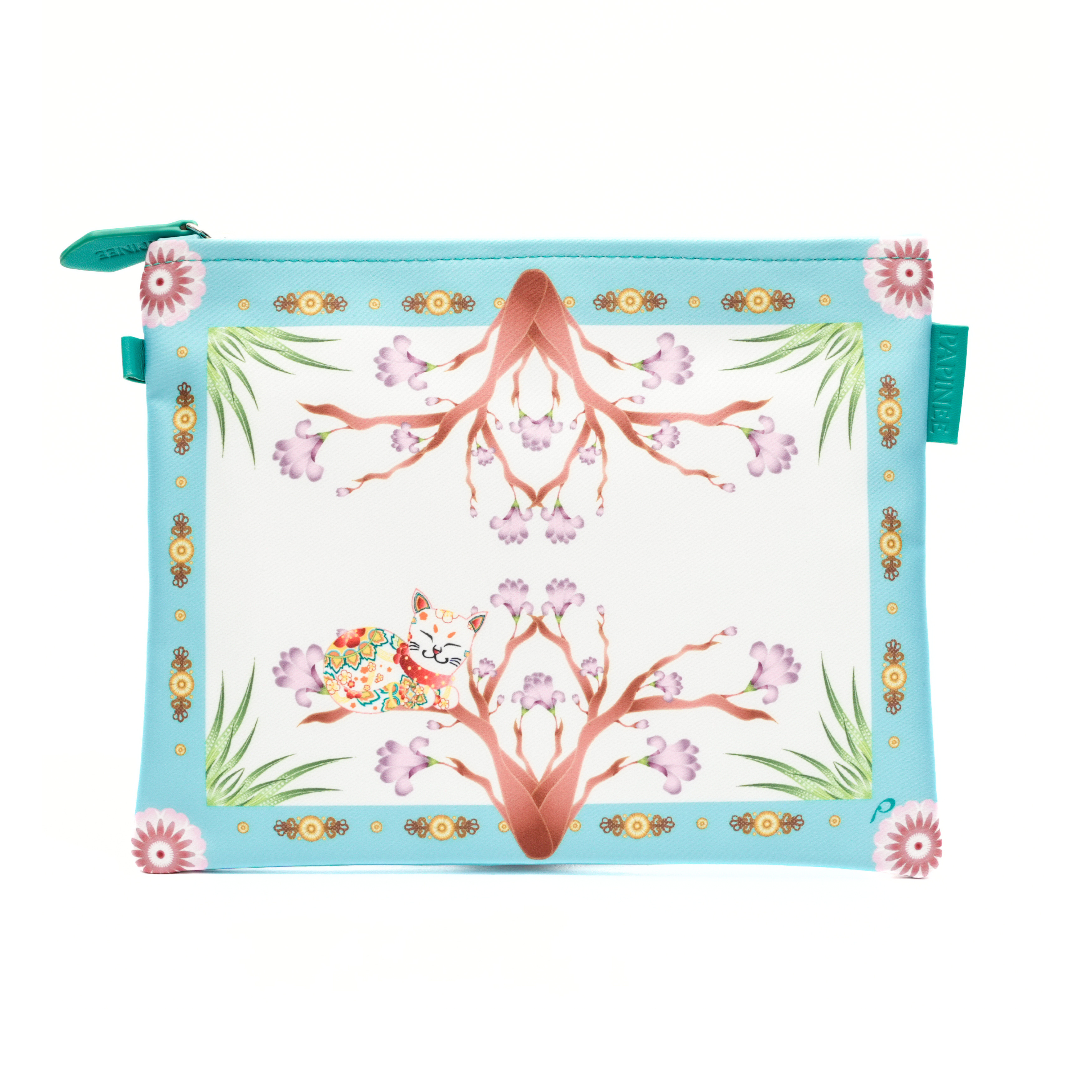 Decorative pouch with floral and tree design on a white background