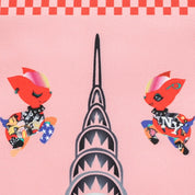 Illustration of a stylized Chrysler Building with cartoonish red characters on a pink background.
