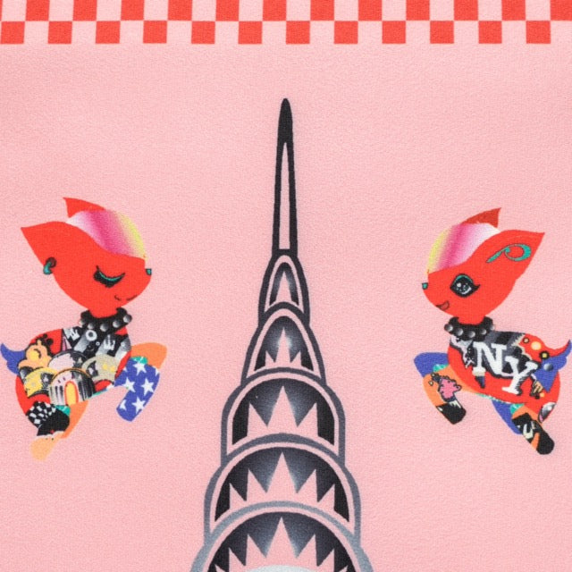 Illustration of a stylized Chrysler Building with cartoonish red characters on a pink background.