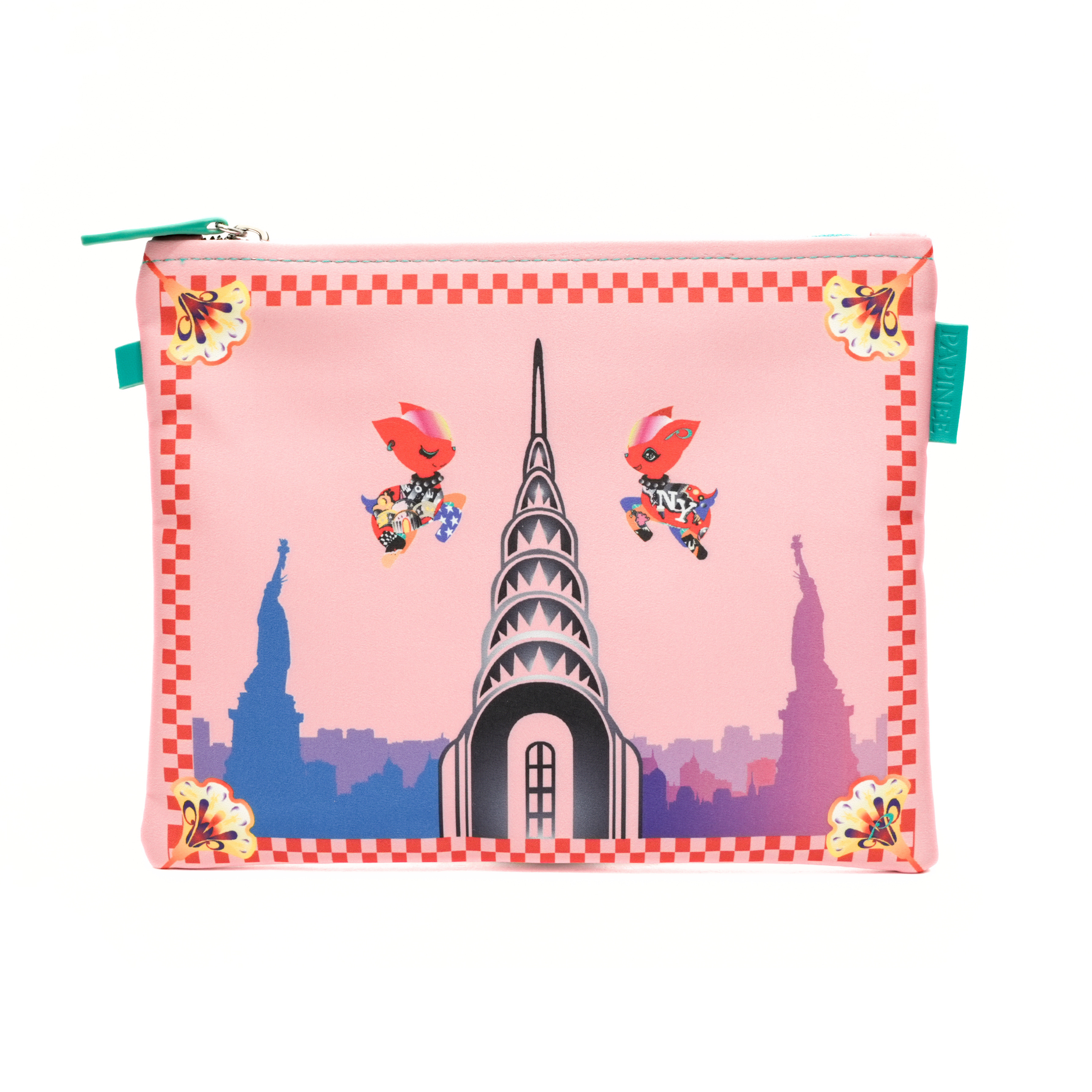 Pink pouch with cartoon characters and architectural design on a white background