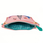 Pink pouch with colorful designs on a white background