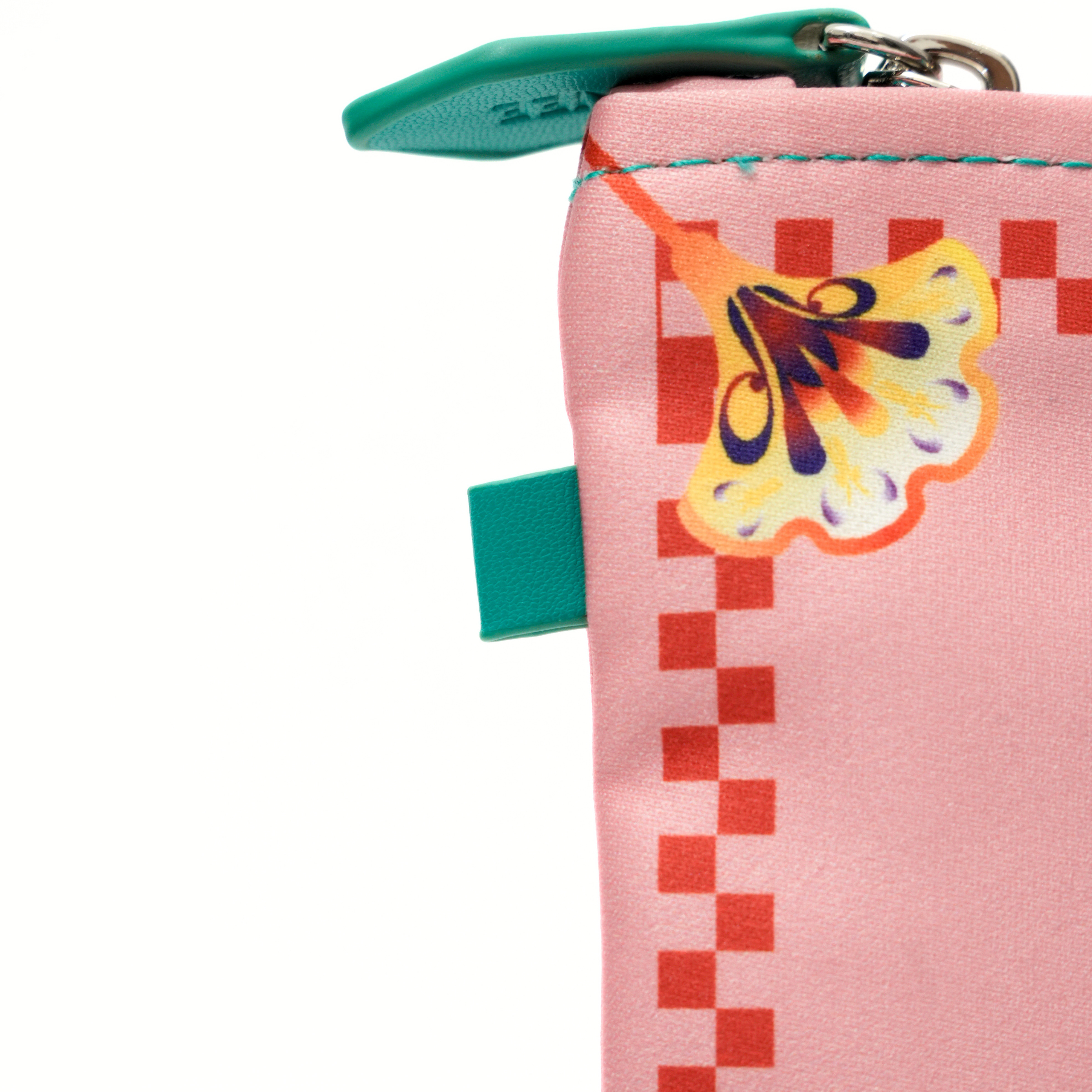 Pink pouch with red checkered pattern and colorful butterfly design on a white background