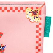 Pink fabric with red checkered border and colorful design, featuring a brand tag.
