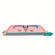 Colorful pencil case with airplane design on a white background