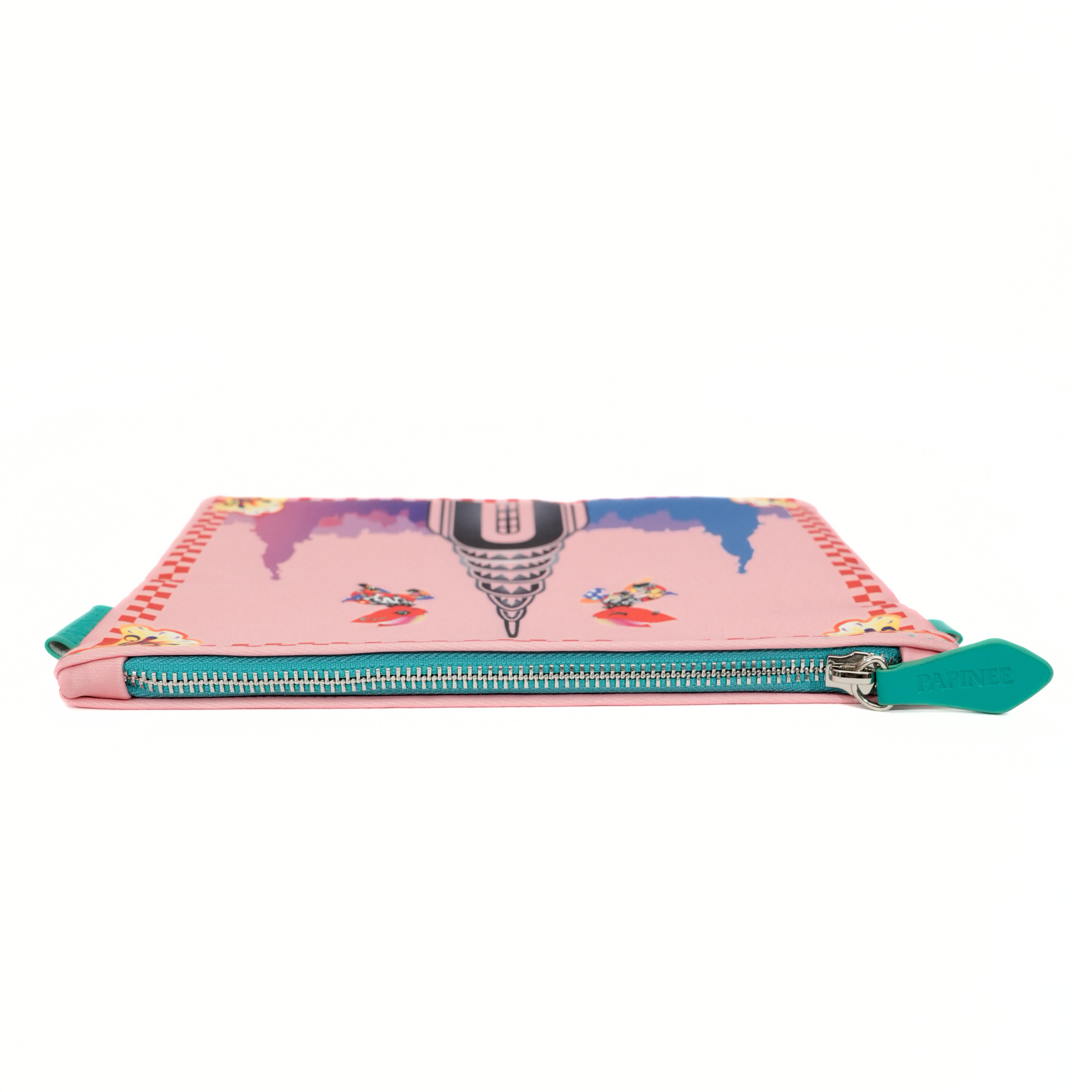 Colorful pencil case with airplane design on a white background