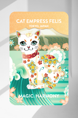 Card featuring a cat illustration with text 'Cat Empress Felis Tokyo, Japan' on a gray background