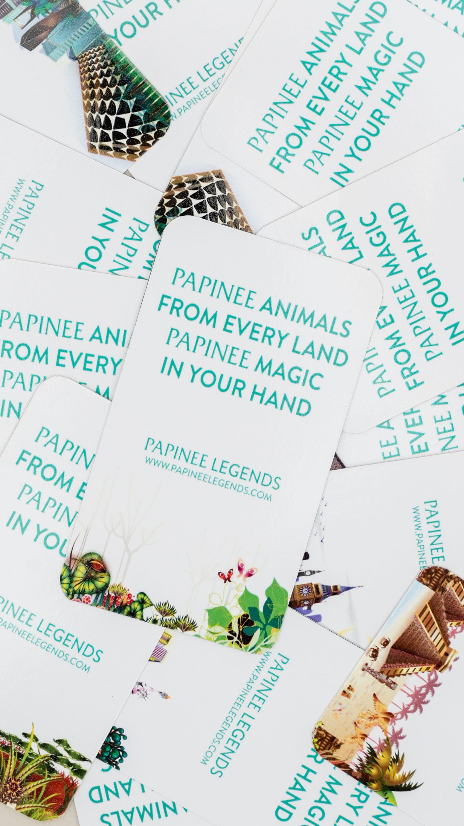 Papinee Legends cards with colorful illustrations and text on a white background