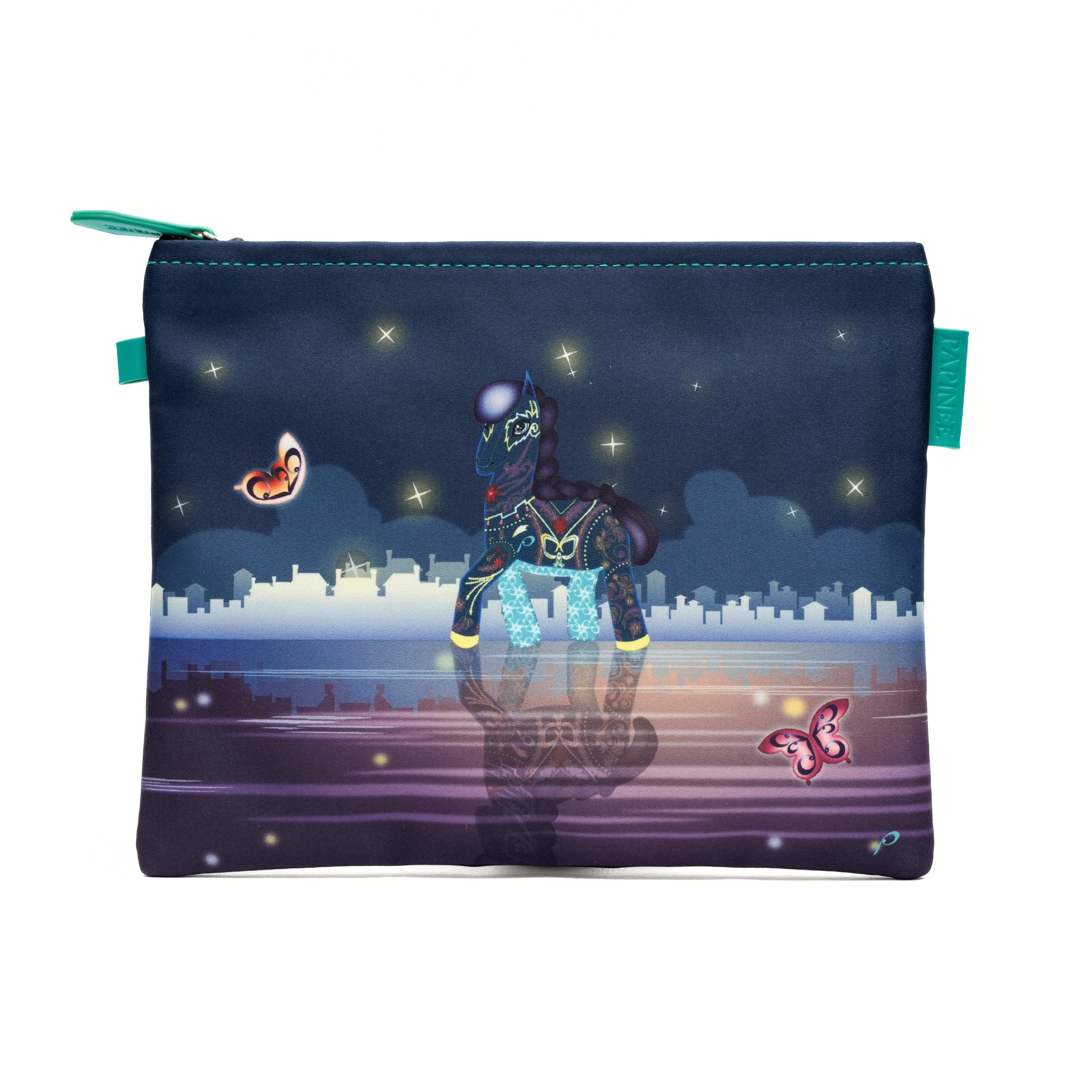 Pouch with a character design on a dark blue background