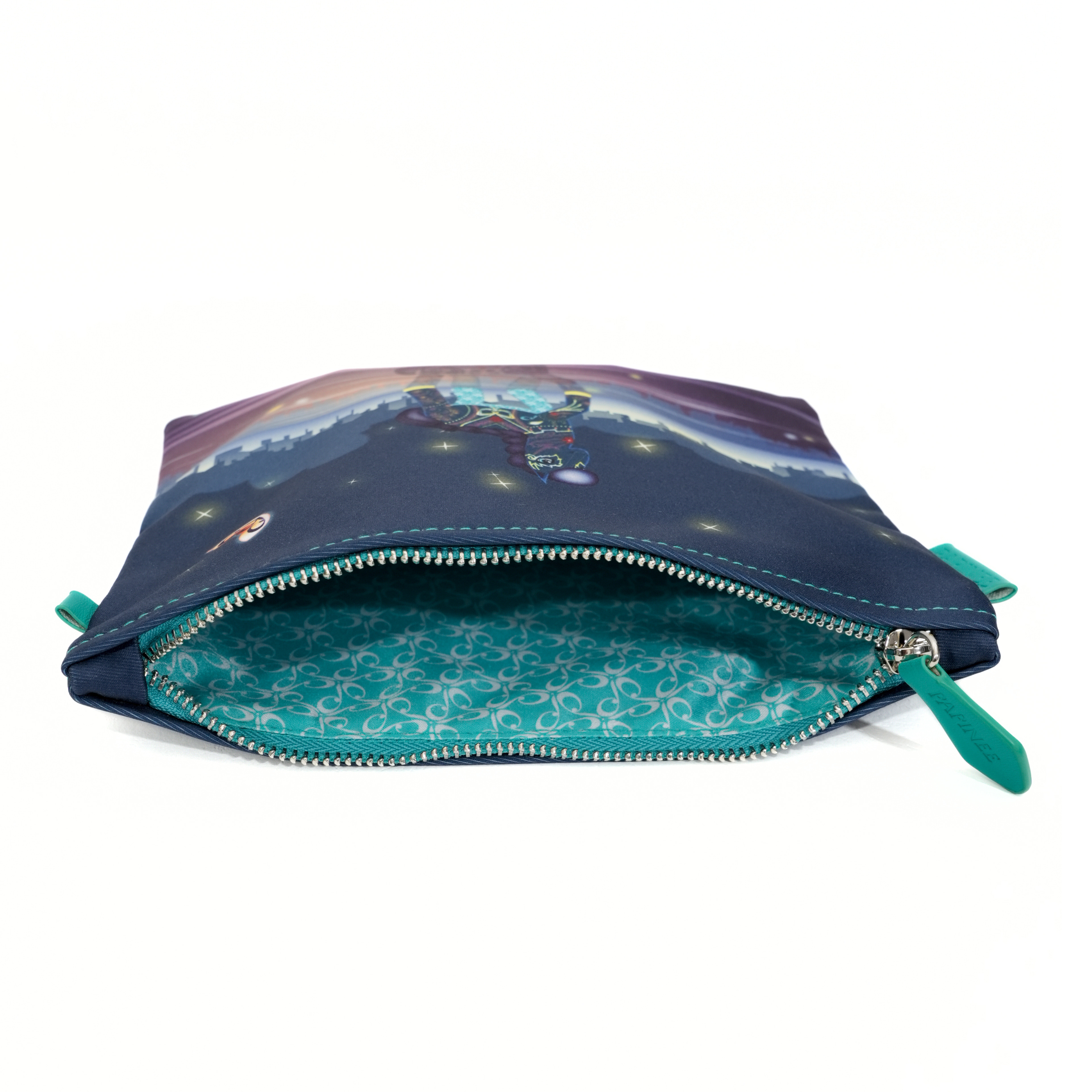 Blue pouch with a colorful design on the flap, open to reveal a floral pattern inside.