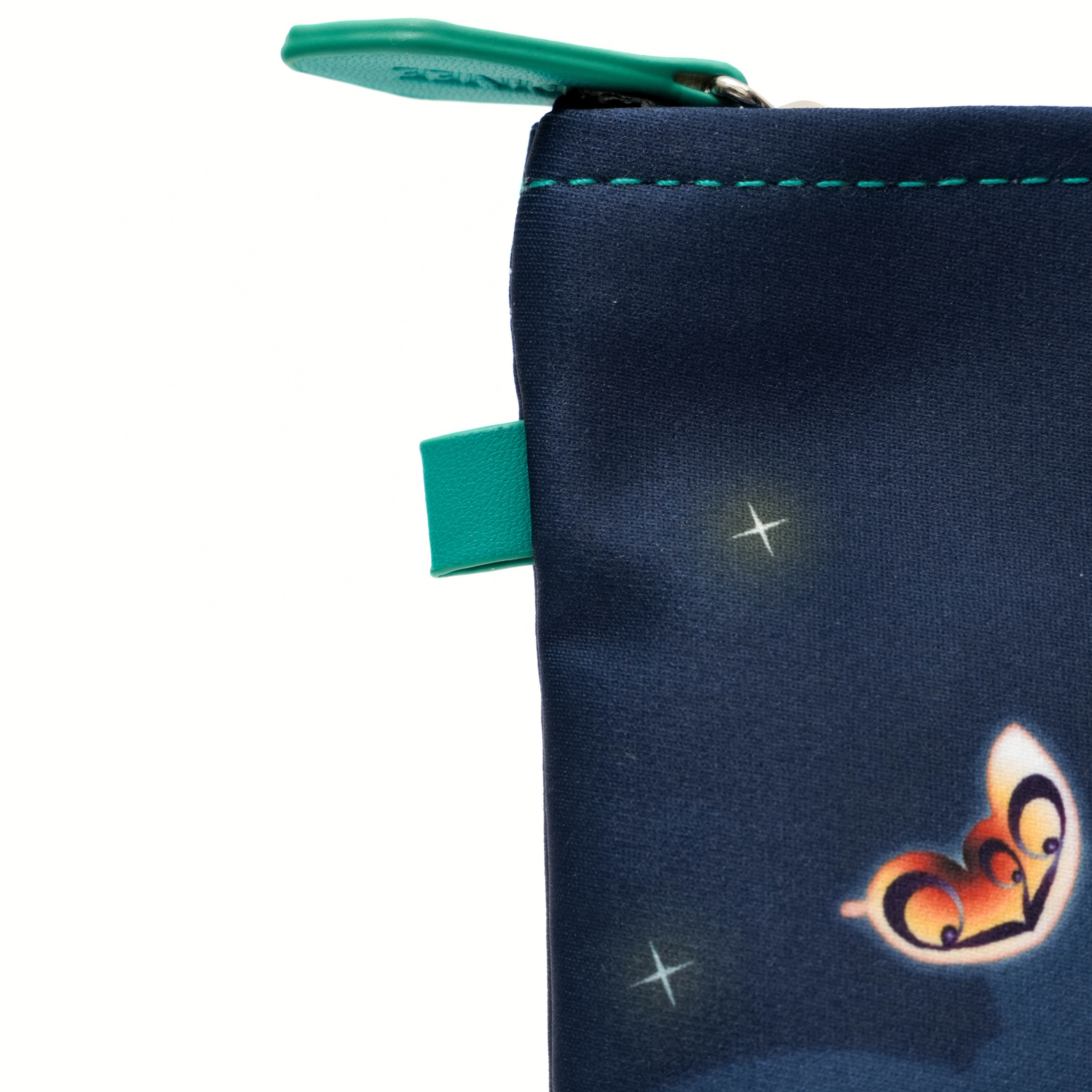 Navy blue pouch with a fox design and star patterns on a white background