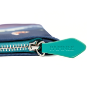 Close-up of a blue pouch with a teal zipper and 'PAPINEE' branding on a white background.