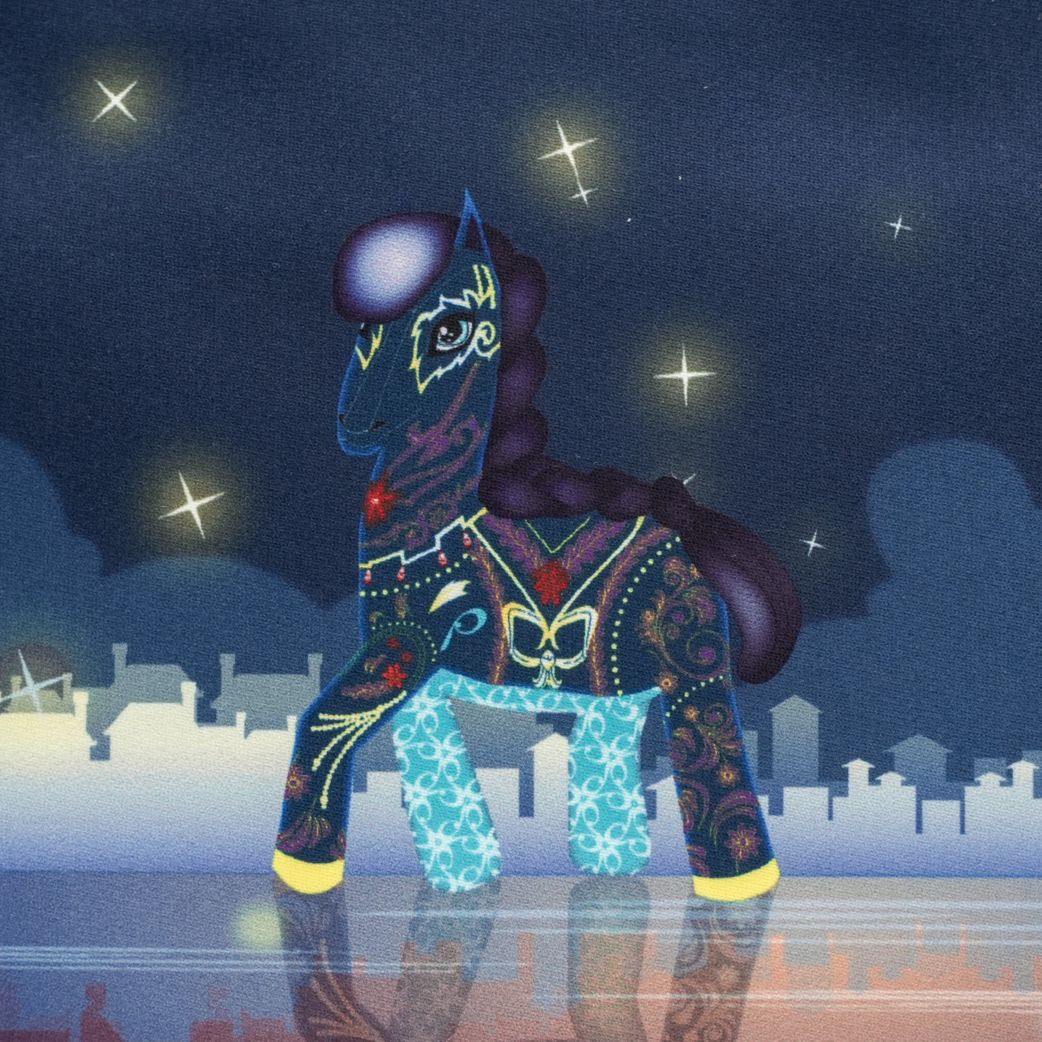 Colorful stylized horse figure with a cityscape and stars in the background