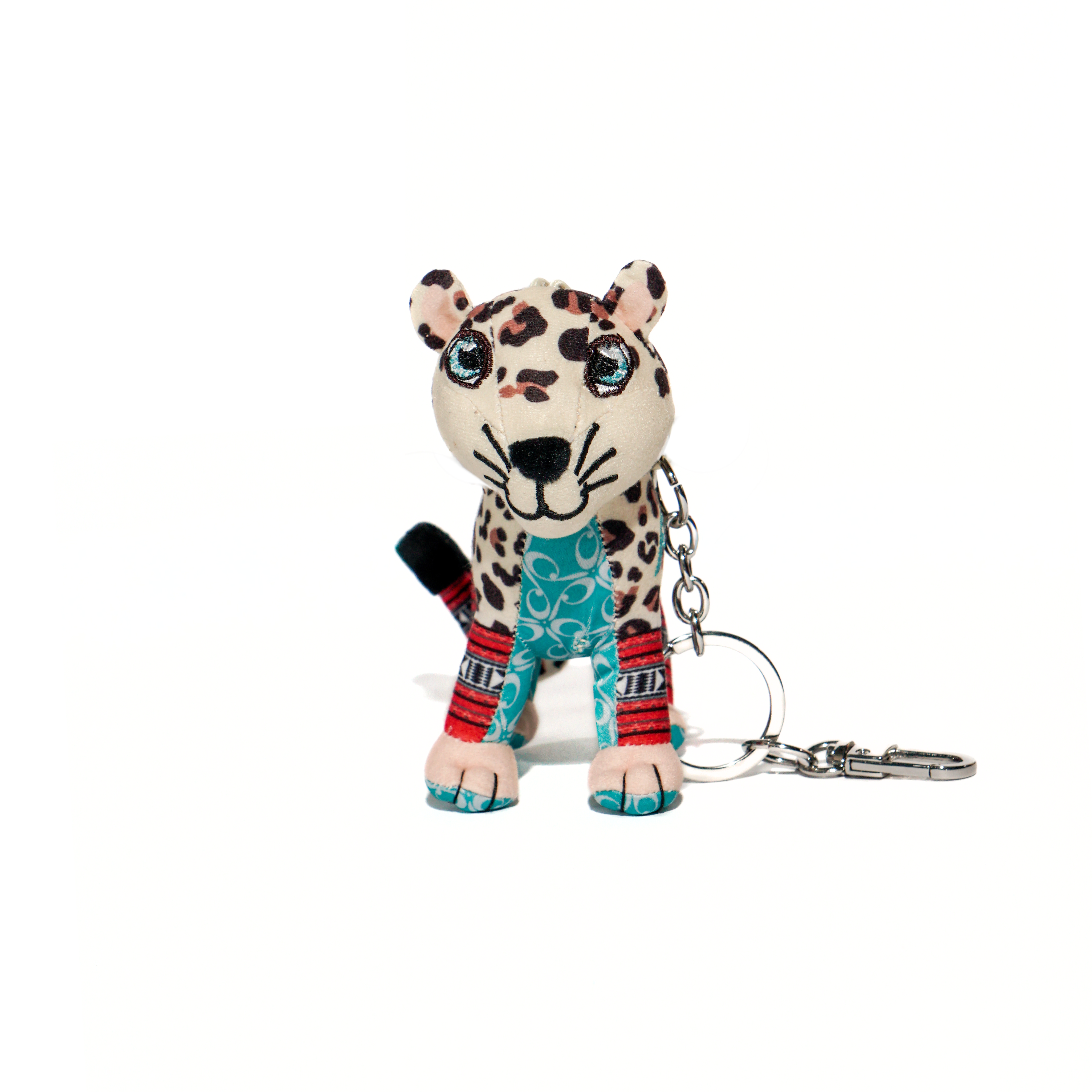 Leopard keychain with a colorful pattern on a white background