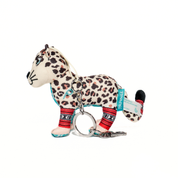 Leopard print keychain with colorful accents on a white background