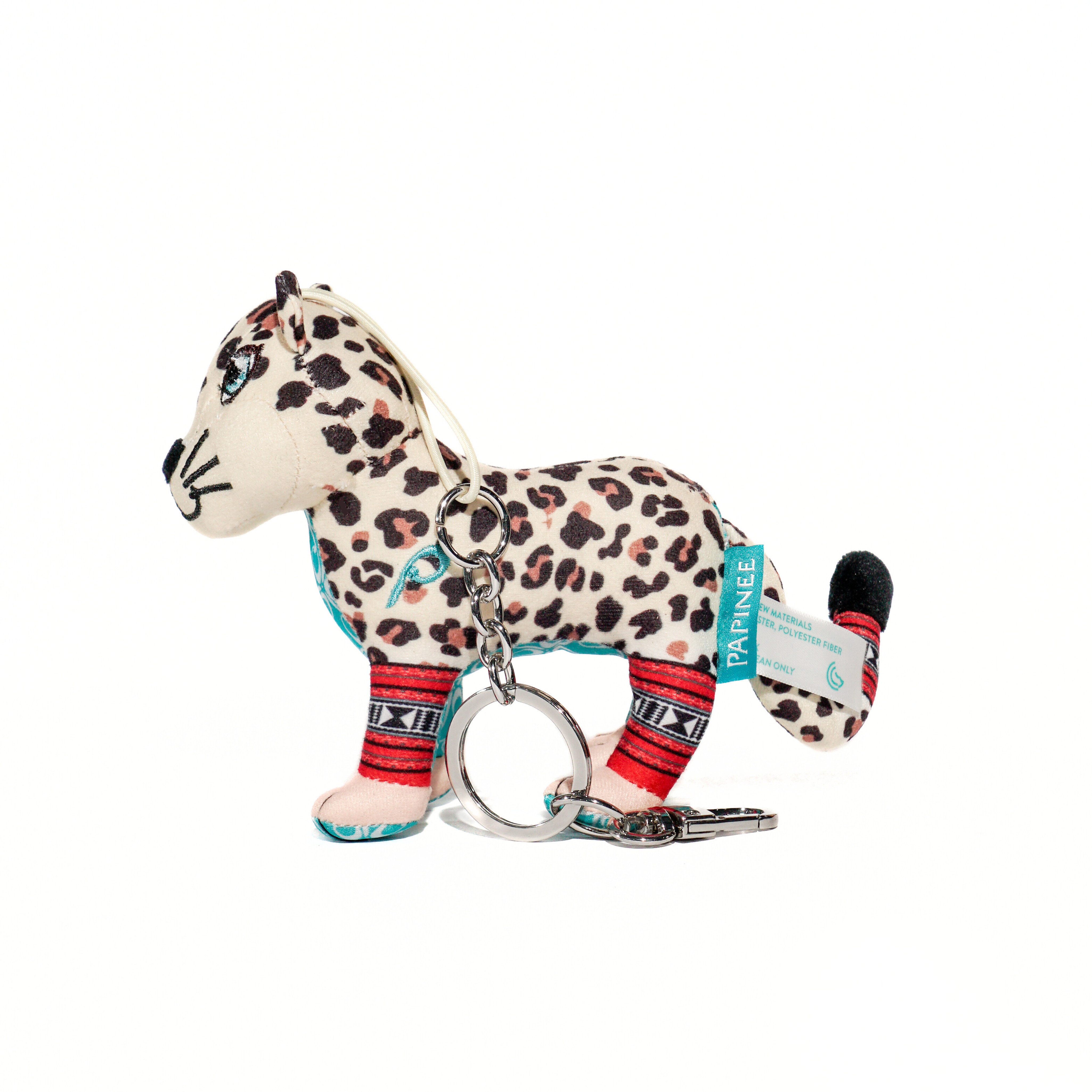 Leopard print keychain with colorful accents on a white background