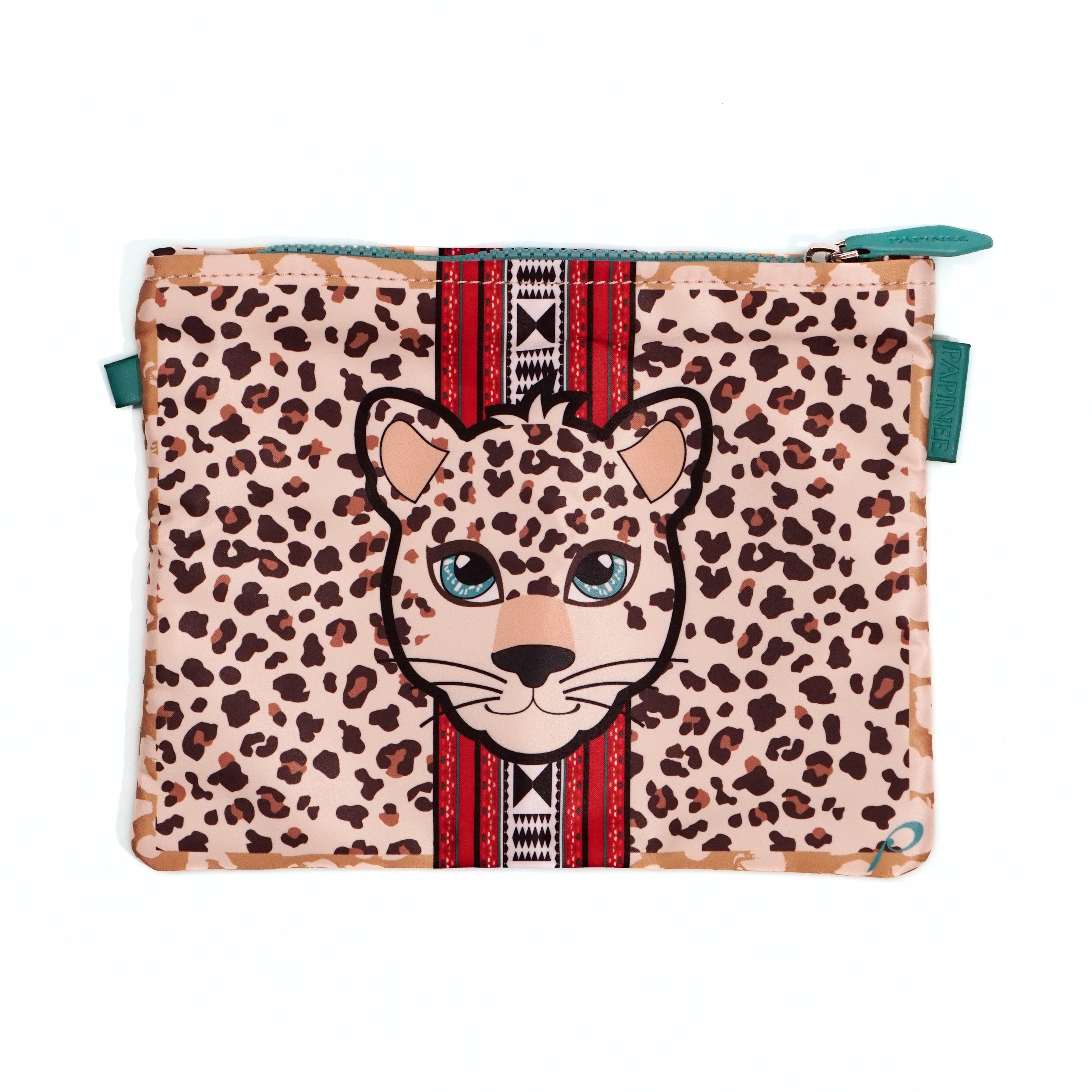 Pouch with leopard design and tribal pattern on a white background