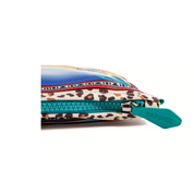 Colorful pouch with a leopard print pattern and a visible brand name on a white background