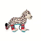 Leopard-patterned plush toy with colorful accents on a white background