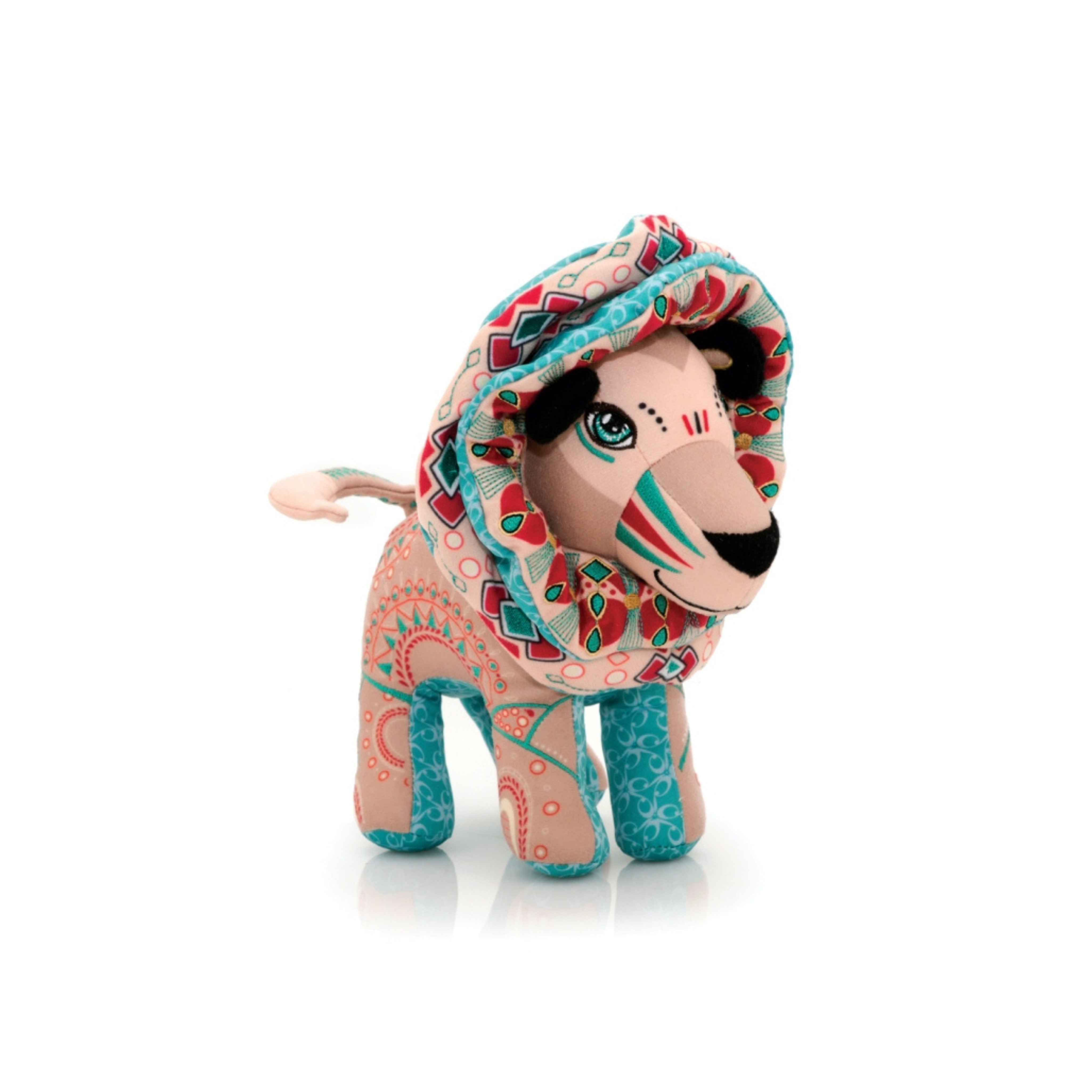 Decorative plush toy with a patterned hood on a white background