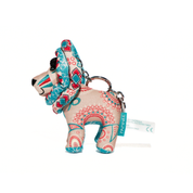 Decorative elephant keychain with colorful patterns on a white background
