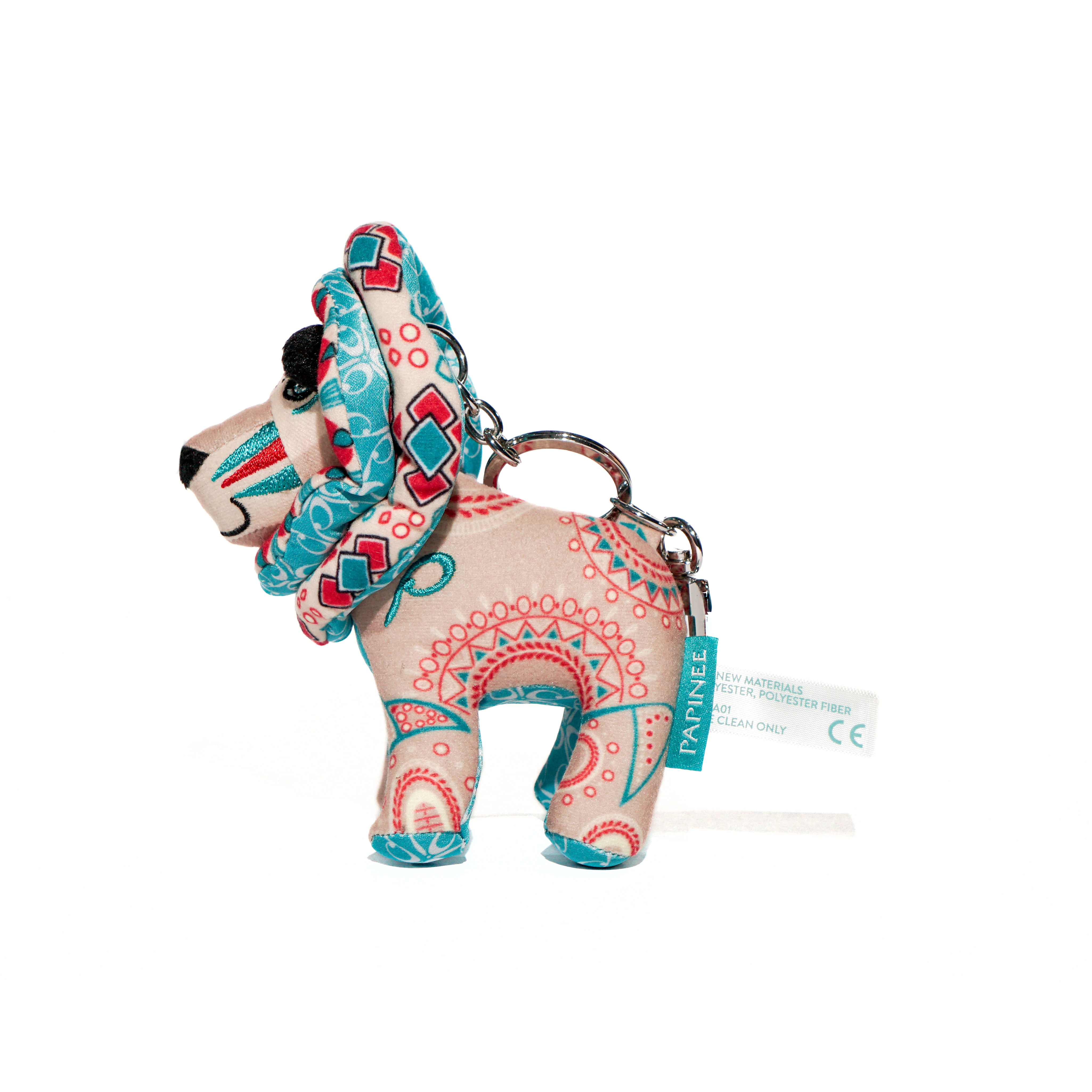 Decorative elephant keychain with colorful patterns on a white background