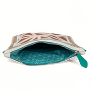 Open pouch with geometric pattern on a white background