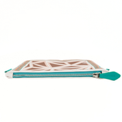 Rectangular pouch with geometric pattern and teal zipper on a white background