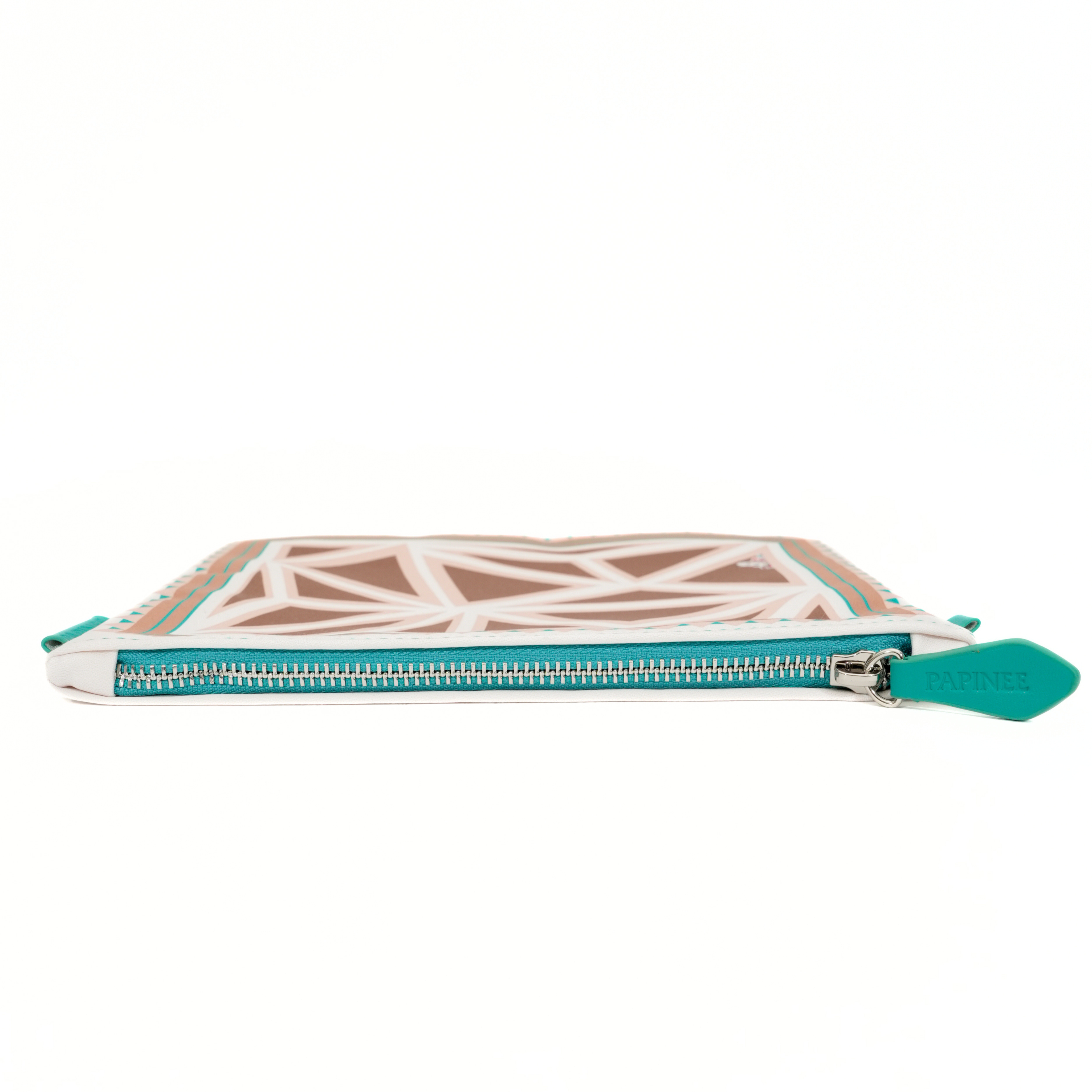 Rectangular pouch with geometric pattern and teal zipper on a white background