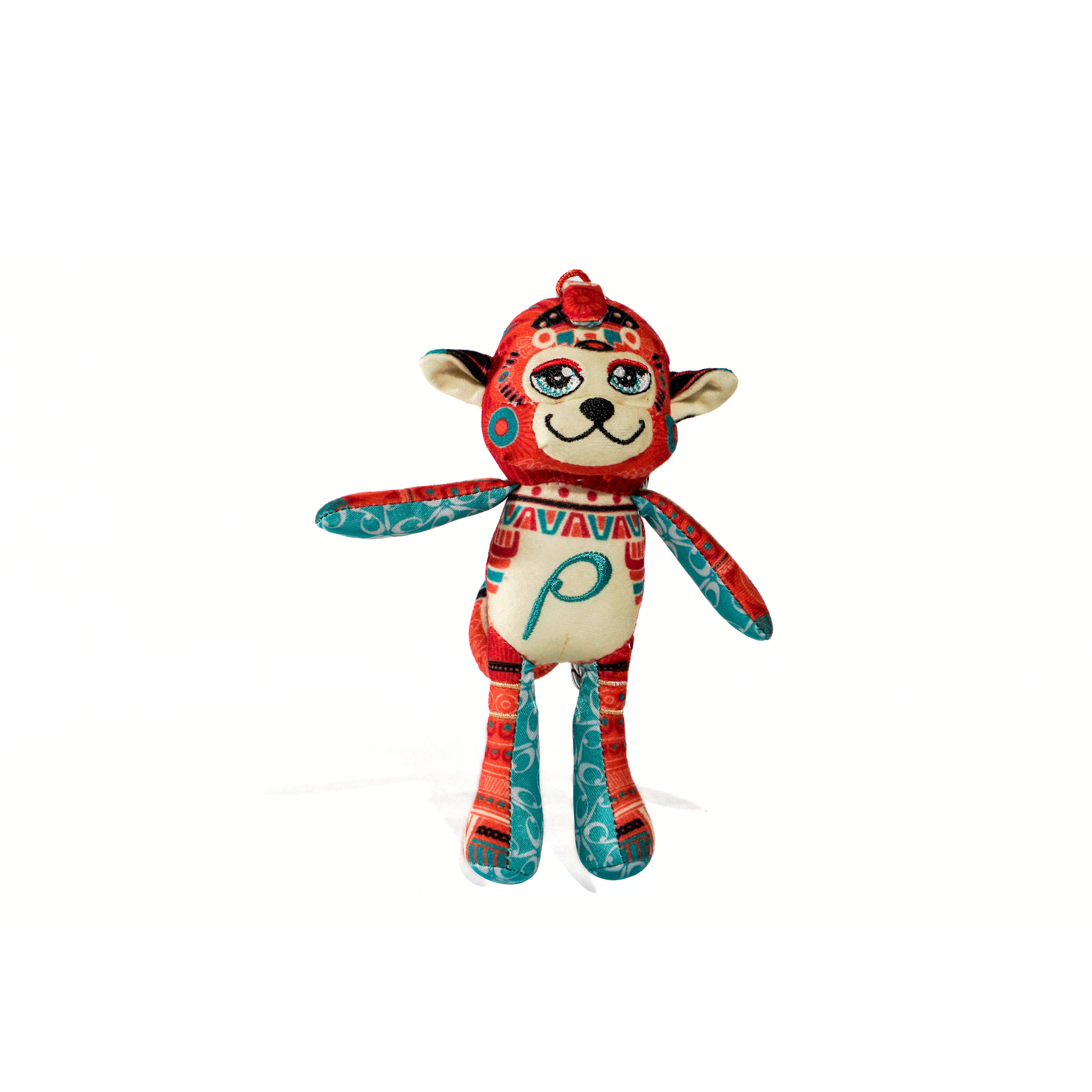 Colorful monkey plush toy with a red hat and blue accents on a white background