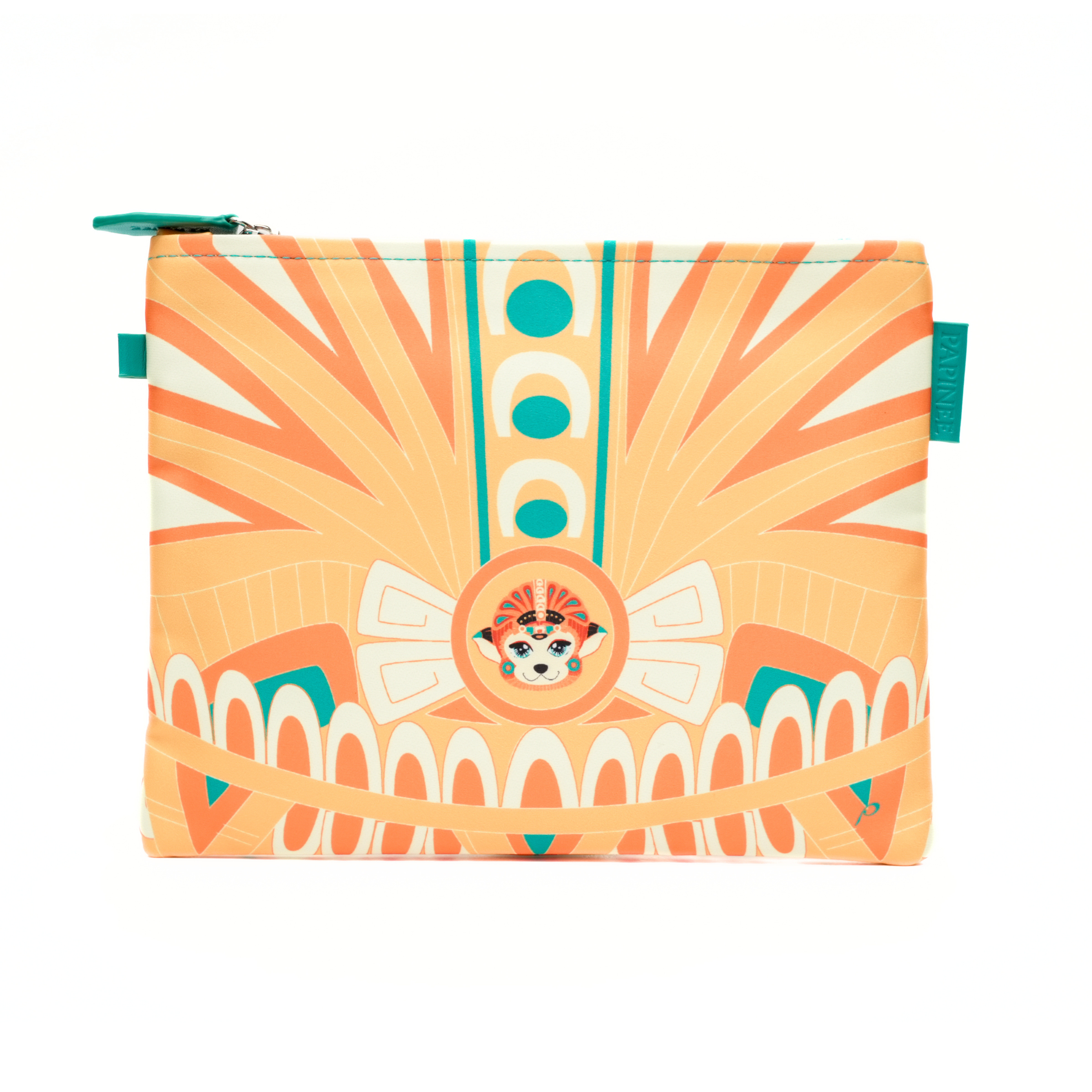 Colorful pouch with decorative patterns on a white background