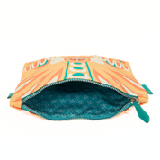 Open pouch with floral design on a white background