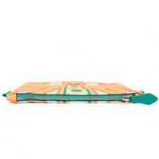 Pouch with a colorful design and teal zipper on a white background