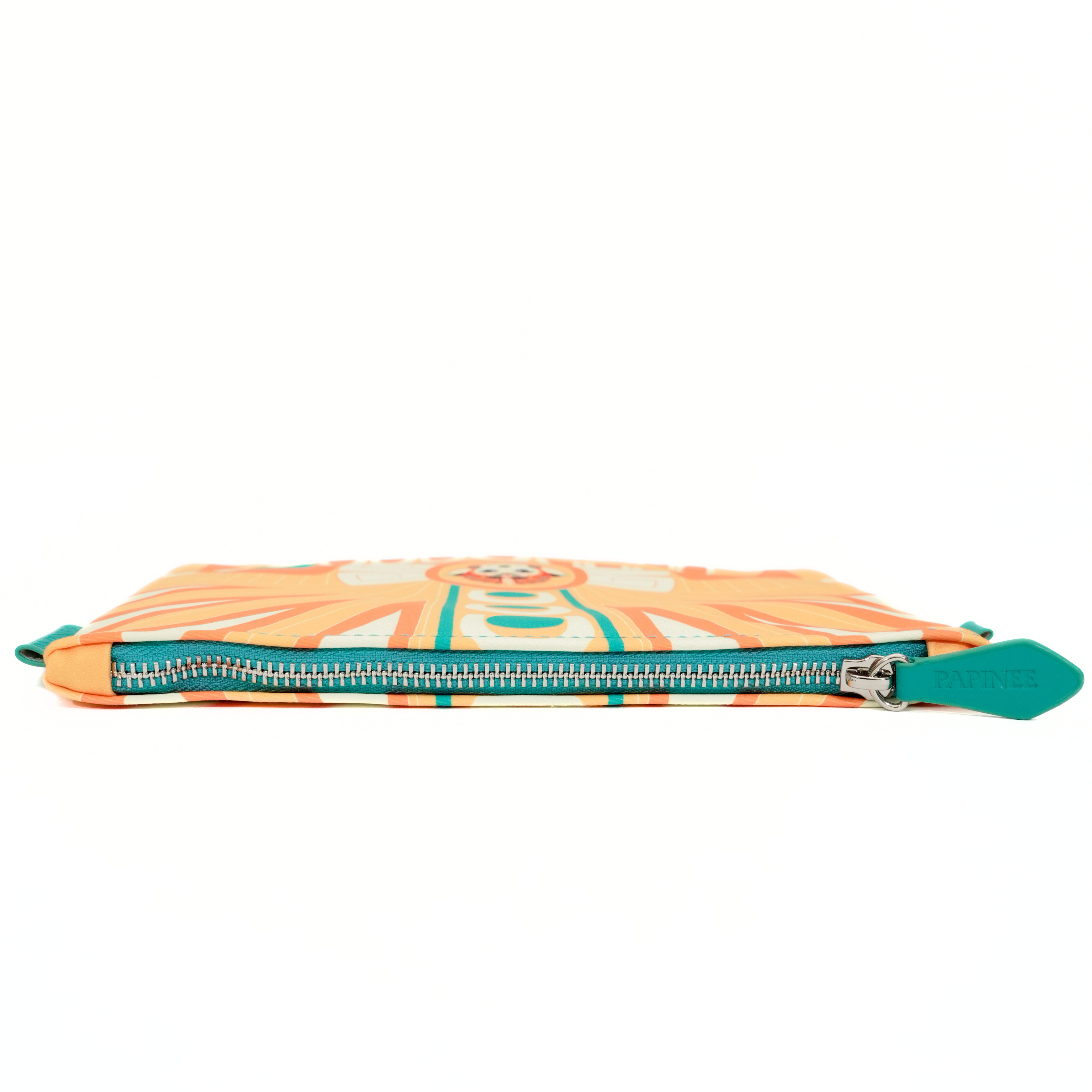 Pouch with a colorful design and teal zipper on a white background