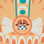 Decorative design with a stylized animal face in a circular emblem on an orange background with geometric patterns.