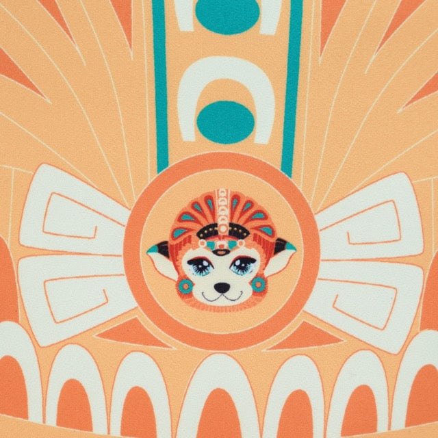 Decorative design with a stylized animal face in a circular emblem on an orange background with geometric patterns.