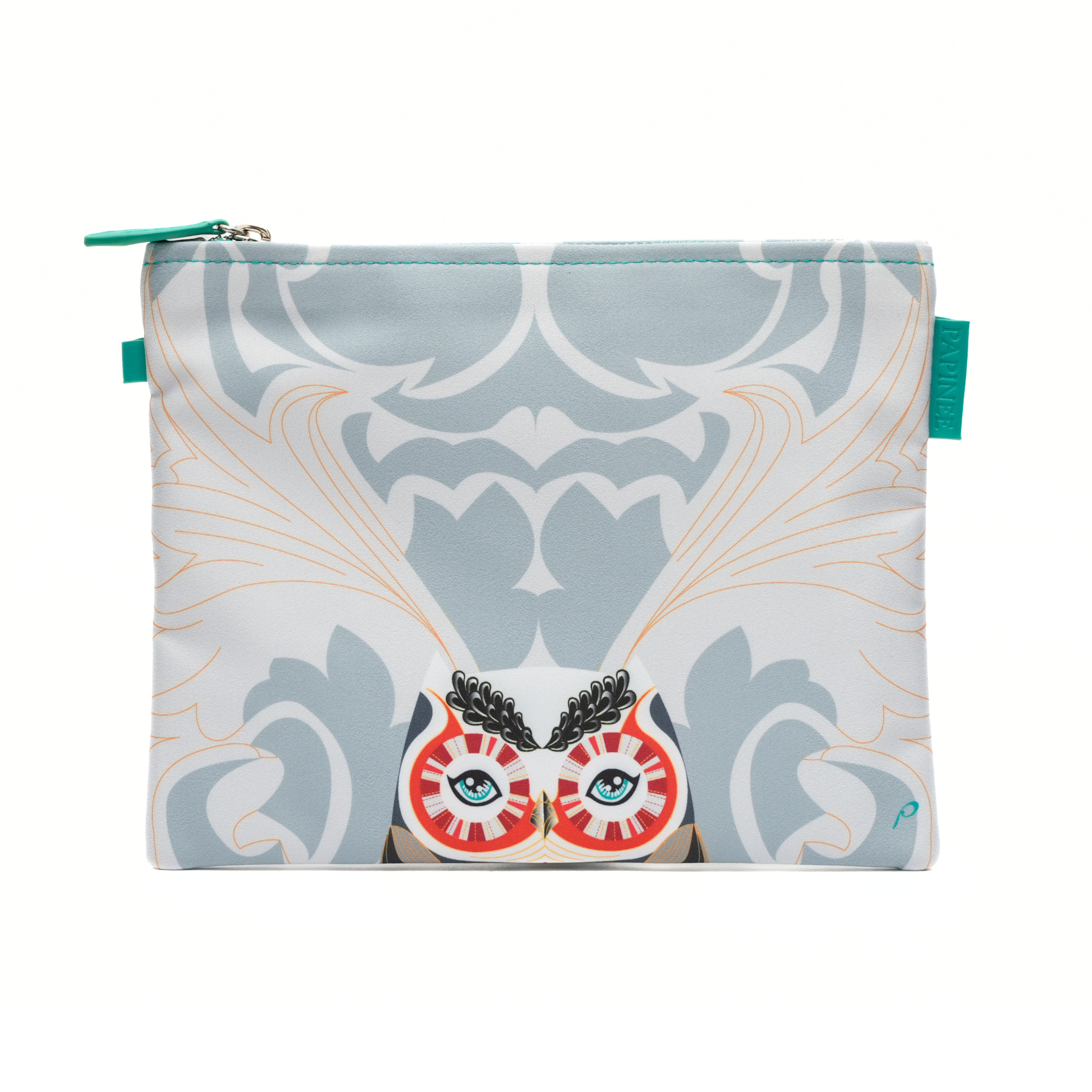 Pouch with owl design and decorative pattern on a white background