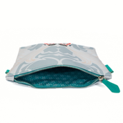 Pouch with zipper and floral pattern on a white background