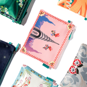 Collection of pouch with floral and abstract designs on a white background