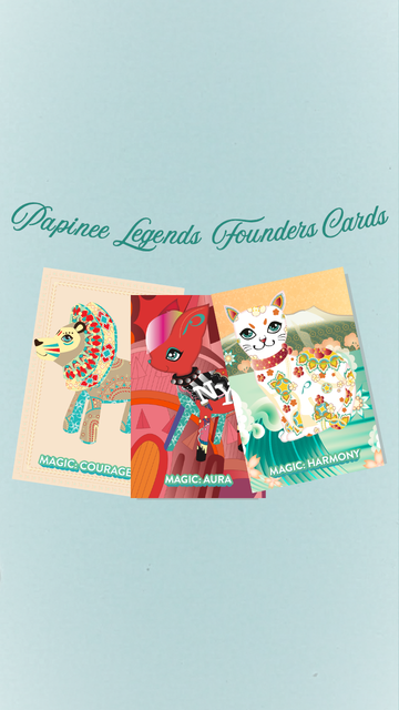 Three colorful cards featuring animal illustrations on a light blue background with 'Papinee Legends Founders Cards' text.