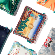 Collection of colorful fabric swatches with various patterns on a white background