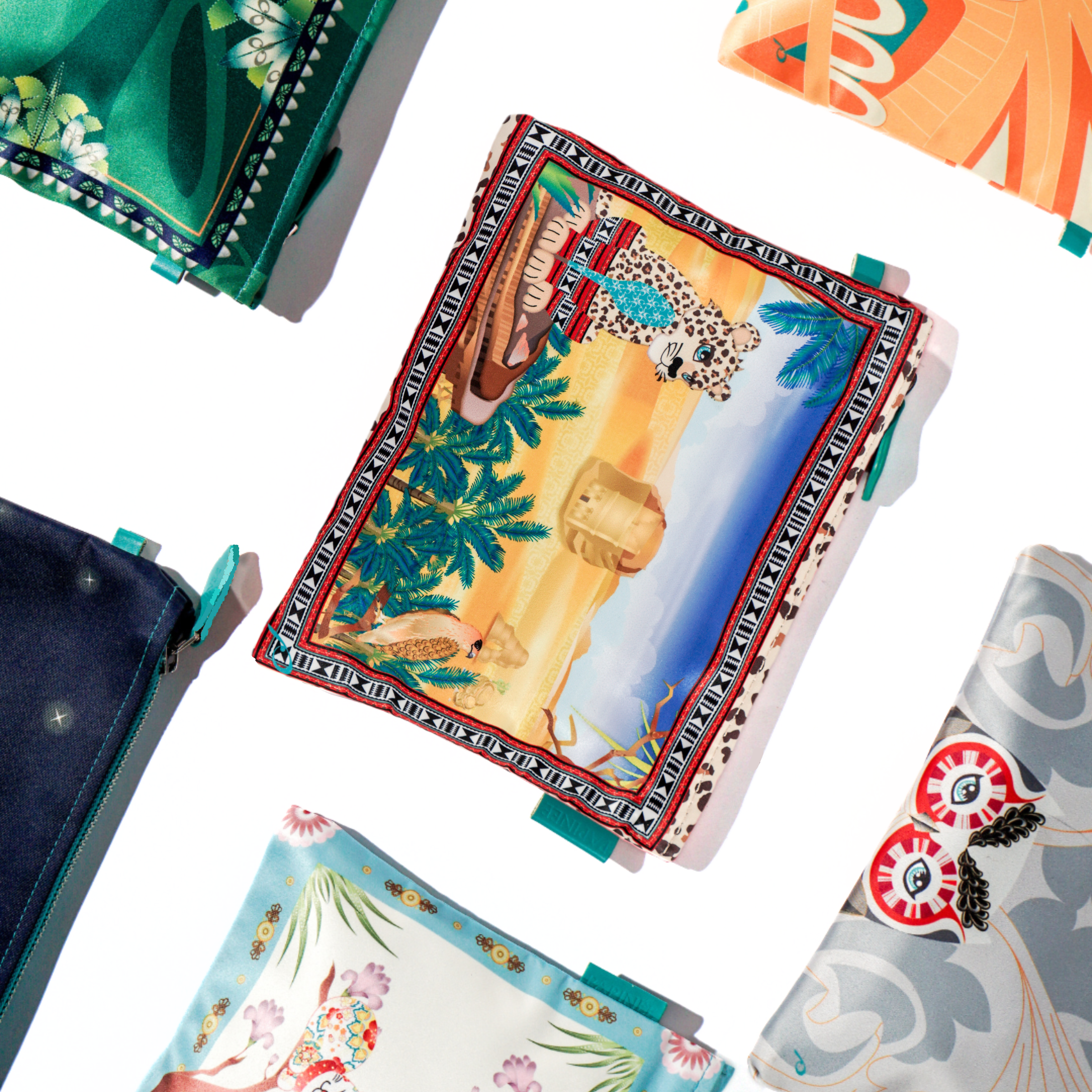 Collection of colorful fabric swatches with various patterns on a white background