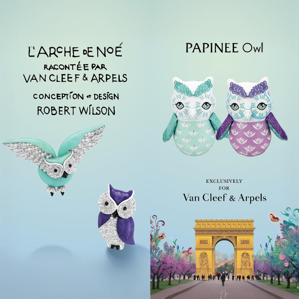 Van Cleef &amp; Arpels owl brooches with a scenic illustration of the Arc de Triomphe.