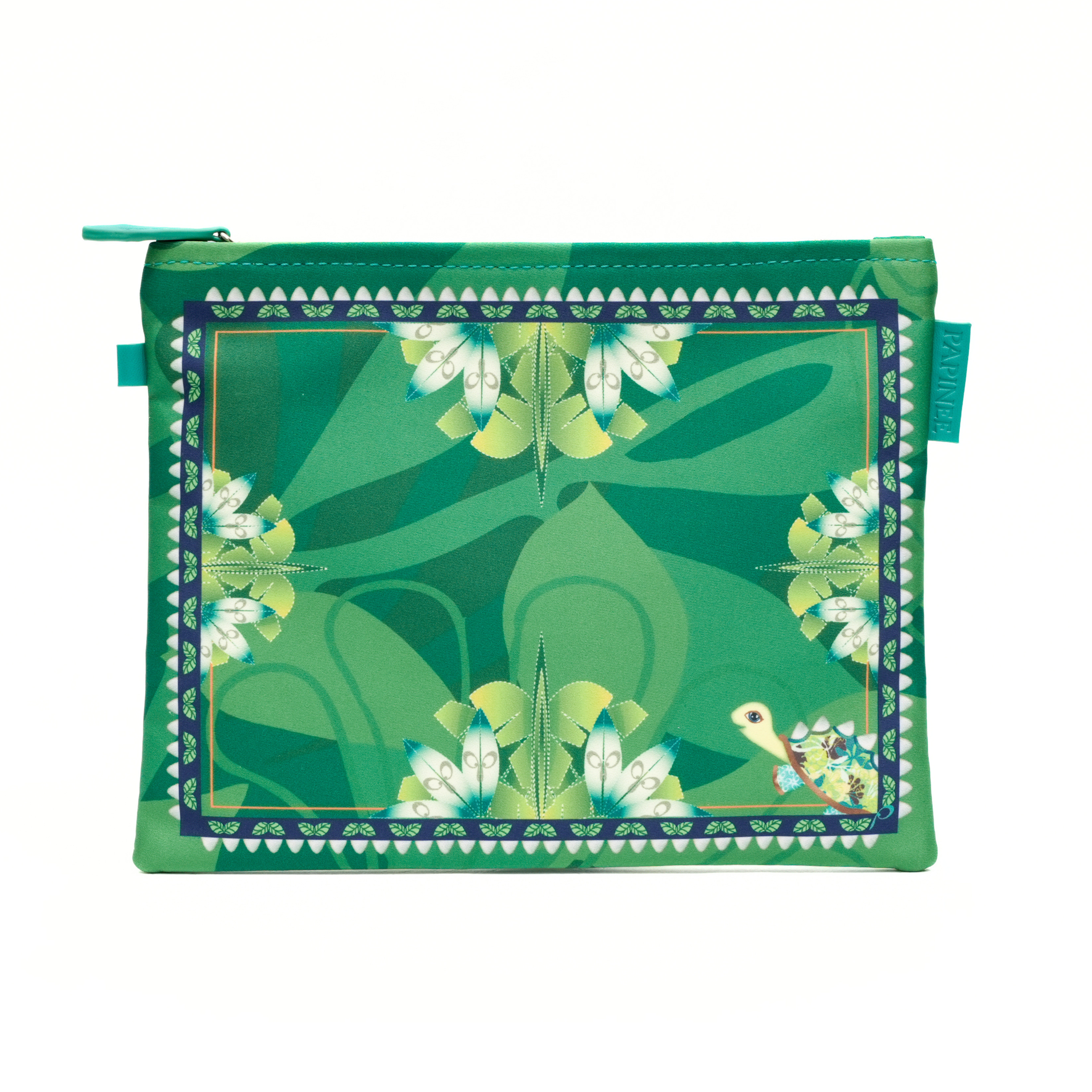 Green pouch with floral pattern on a white background