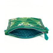 Green floral-patterned pouch with a zipper on a white background