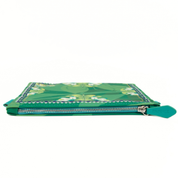 Green floral-patterned pouch with a zipper on a white background
