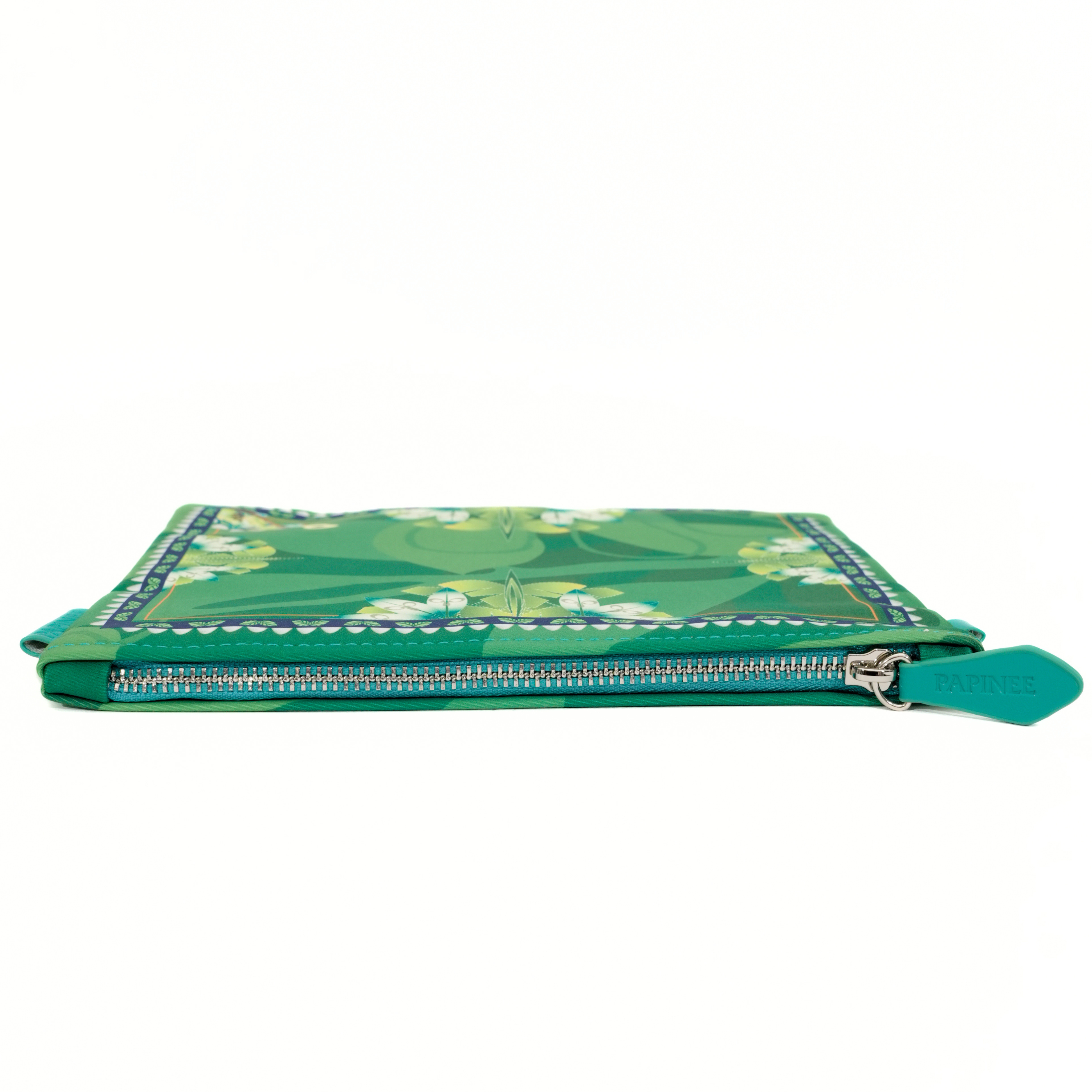 Green floral-patterned pouch with a zipper on a white background